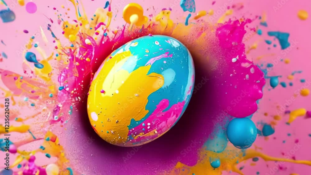 Colorful easter egg explosion with vibrant paint splatters on pink background. Easter, Pascha, Paskha, Ostern, Pascua, Paques - Orthodox and Catholic Holiday celebration Colorful easter egg explosion with vibrant paint splatters on pink background. Easter, Pascha, Paskha, Ostern, Pascua, Paques - Orthodox and Catholic Holiday celebration
