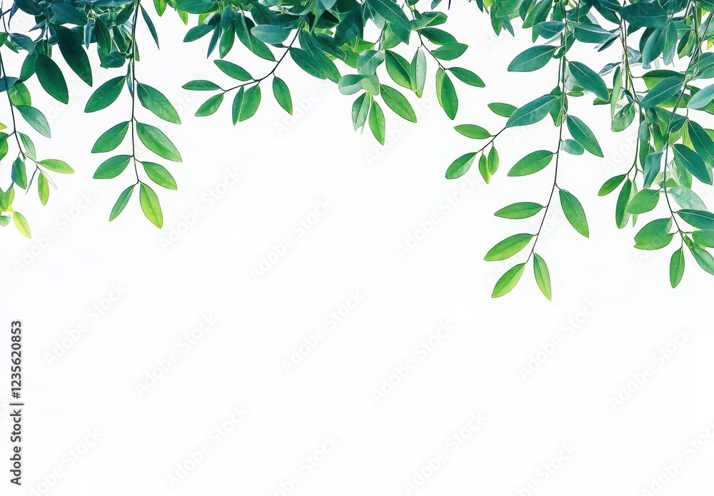 Vibrant green leaves cascading down a white background, creating a natural border. The image features a fresh, clean aesthetic with bright, lush Vibrant green leaves cascading down a white background, creating a natural border. The image features a fresh, clean aesthetic with bright, lush