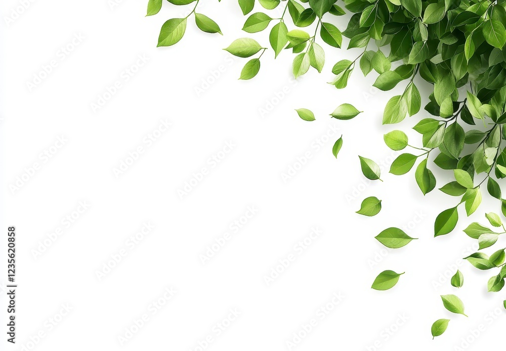 Vibrant green leaves scattered on a white background, creating a fresh and natural frame. Ideal for spring or summer themes, nature inspired designs Vibrant green leaves scattered on a white background, creating a fresh and natural frame. Ideal for spring or summer themes, nature inspired designs