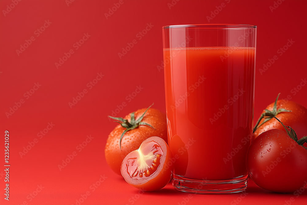 Fresh tomato juice in glass with whole and sliced tomatoes on red background. vibrant colors create refreshing and appetizing scene Fresh tomato juice in glass with whole and sliced tomatoes on red background. vibrant colors create refreshing and appetizing scene