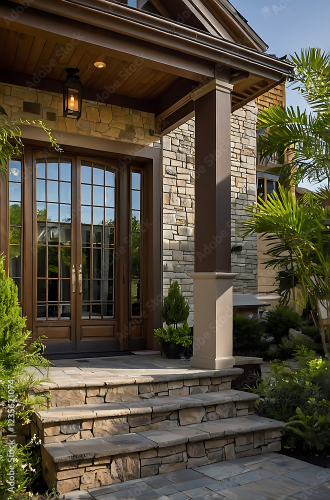 Elegant Stone House Exterior with Modern Design and Landscaping Elegant Stone House Exterior with Modern Design and Landscaping
