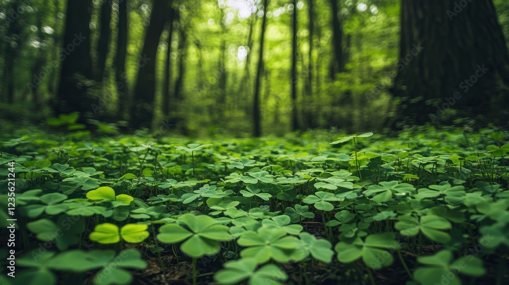Fototapeta premium Lush Green Forest Floor Covered with Vibrant Clover Leaves
