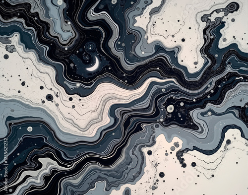 Seamless Zero-Gravity Ink Marble with floating black droplets in liquid space, designed as an astronaut journal cover for a futuristic, cosmic aesthetic. photo