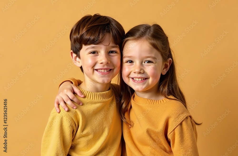 boy and girl together in sweaters fun casual wear beige background boy and girl together in sweaters fun casual wear beige background