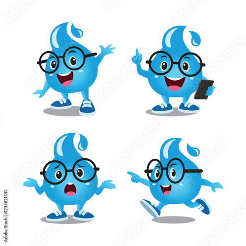 set of cute water blue drop character mascot collection 