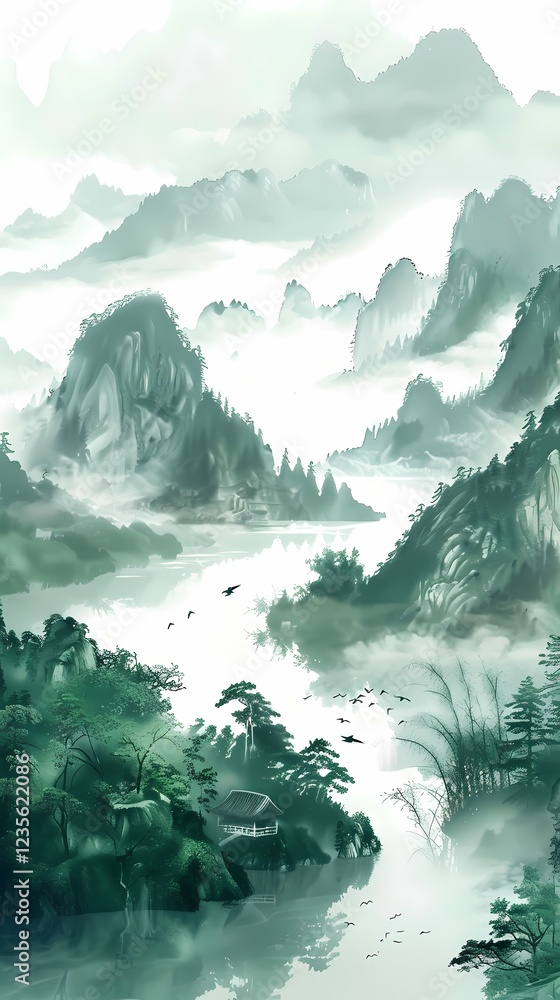 Fototapeta premium Green and white Chinese style ink landscape poster background