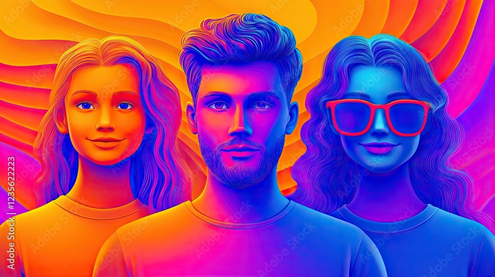 Vibrant young adults, summer style, abstract background, social media Vibrant young adults, summer style, abstract background, social media
