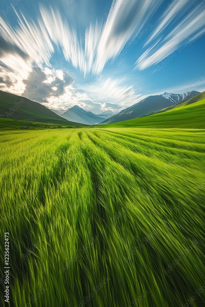 Fototapeta premium Green grassy field, blurred motion, long exposure