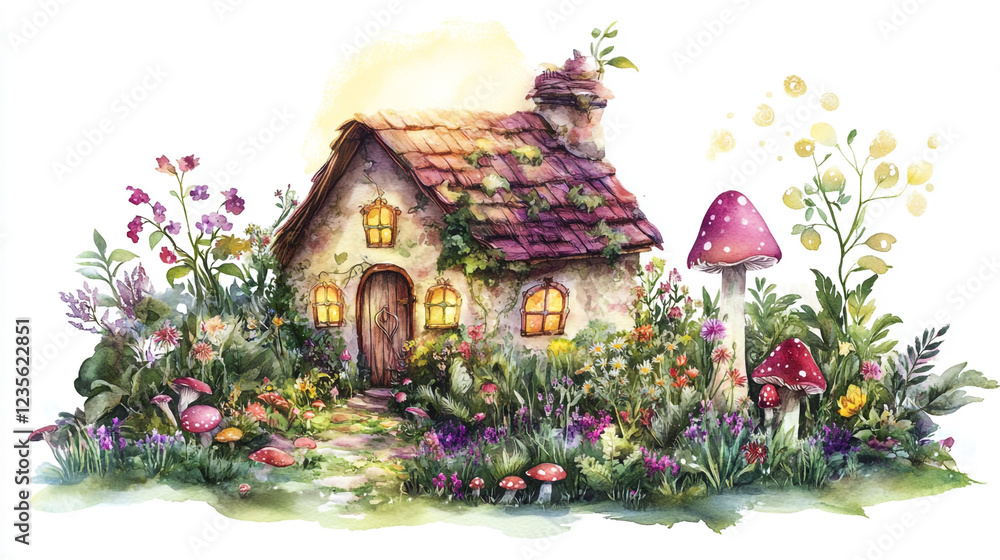 Fototapeta premium A picturesque house with garden full of colorful flowers with warm tune, Watercolor drawing of little village house and some are mushrooms shape, beautiful garden in watercolor design for decoration.