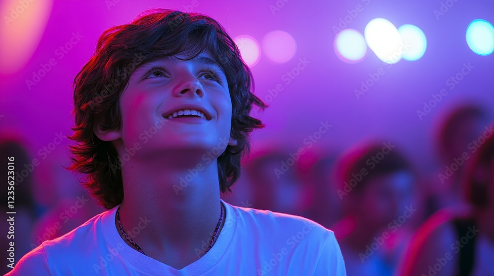 A young boy with short brown curly hair looks up with a joyful expression in a dimly lit concert setting, bathed in purple and blue light. The A young boy with short brown curly hair looks up with a joyful expression in a dimly lit concert setting, bathed in purple and blue light. The
