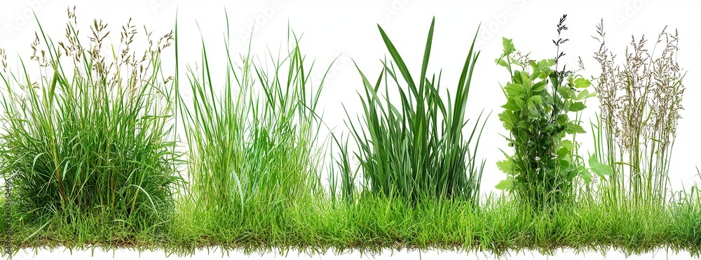 Fototapeta premium Lush green grass and various plants against a white background. The image shows a detailed close up of a variety of green foliage, including tall