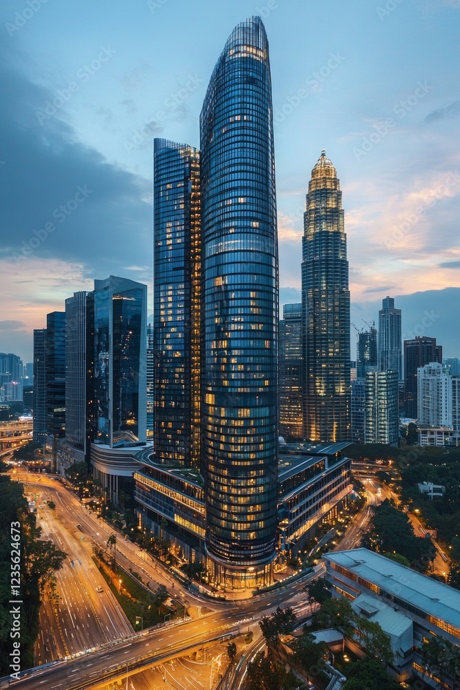 Obraz premium Modern skyscrapers in the city, towering buildings with glass facades reflecting light at dusk, symbolizing corporate power and innovation