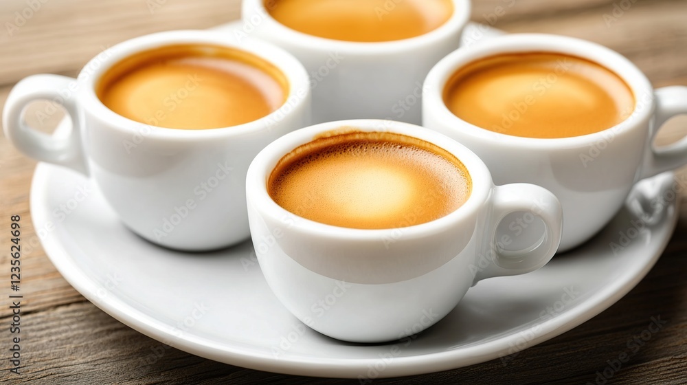 Four espressos, wooden table, cafe, close-up, crema, menu Four espressos, wooden table, cafe, close-up, crema, menu