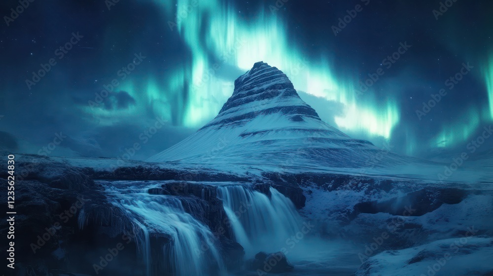 Fototapeta premium Iceland Mountain Aurora Waterfall Night Sky Landscape