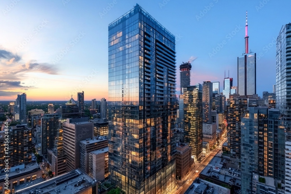 Naklejka premium Modern skyscrapers in the city, towering buildings with glass facades reflecting light at dusk, symbolizing corporate power and innovation