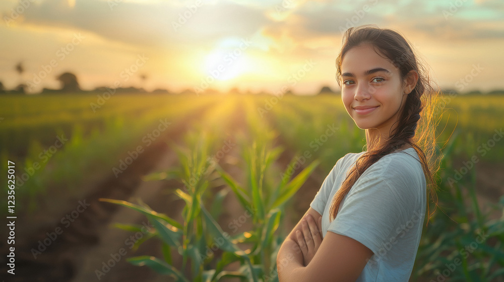 young beautiful female farmer standing at field young beautiful female farmer standing at field