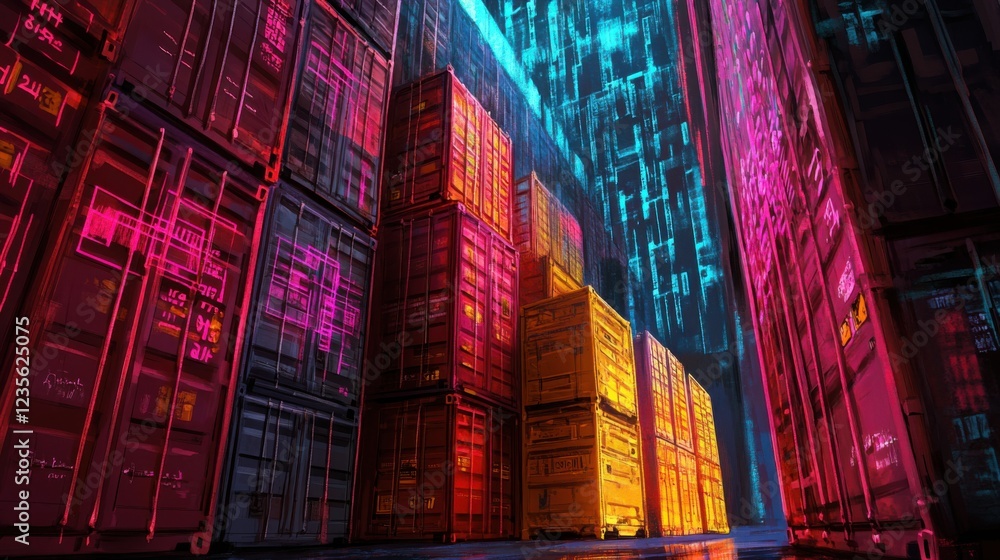 Fototapeta premium Futuristic cargo container yard illuminated with vibrant neon lights and digital patterns