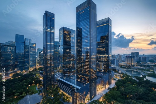 Wallpaper Mural Modern skyscrapers in the city, towering buildings with glass facades reflecting light at dusk, symbolizing corporate power and innovation Torontodigital.ca