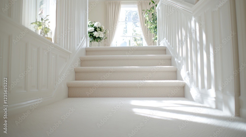 Fototapeta premium Sunlit staircase in a bright, elegant home interior