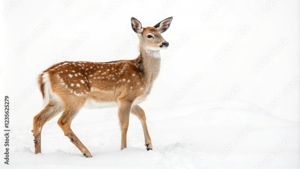 A young white-tailed doe with distinctive brown spots set against a plain white surface, deer in sunlight, animal behavior, white tailed deer, nature photography A young white-tailed doe with distinctive brown spots set against a plain white surface, deer in sunlight, animal behavior, white tailed deer, nature photography
