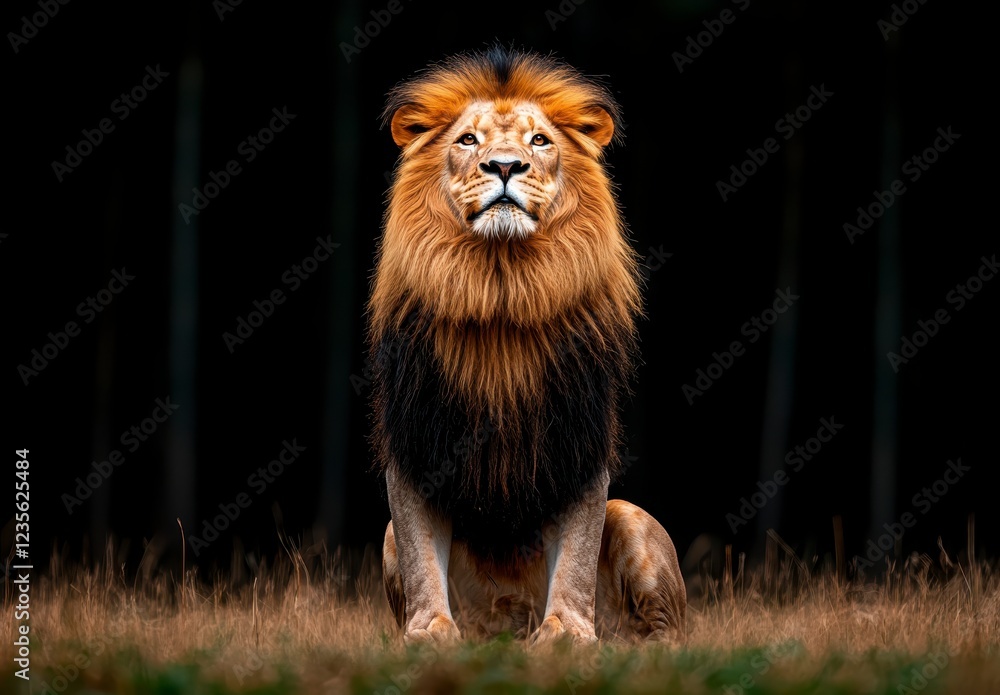Fototapeta premium Majestic male lion sits in a dark forest clearing; his golden mane is speckled with water droplets. The background is blurred, emphasizing the lion's