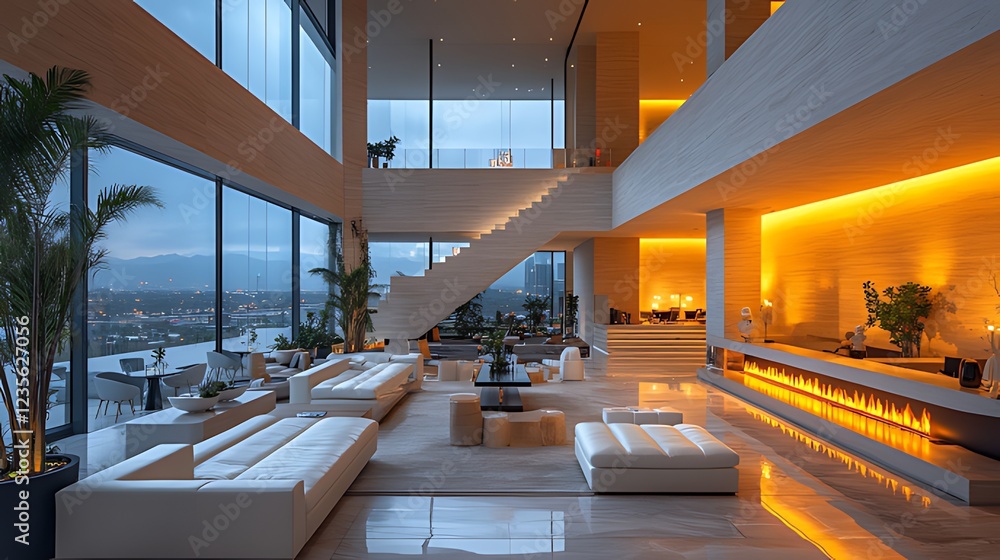 Fototapeta premium Modern penthouse living room, city view, sunset, luxury interior design