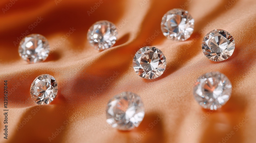 A cluster of diamond pendants beautifully displayed on a copper-toned silk background. A cluster of diamond pendants beautifully displayed on a copper-toned silk background.