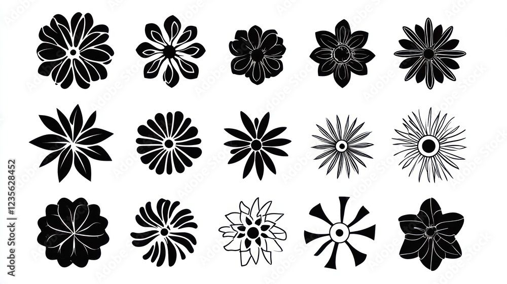 Black and white flower illustrations; design elements Black and white flower illustrations; design elements