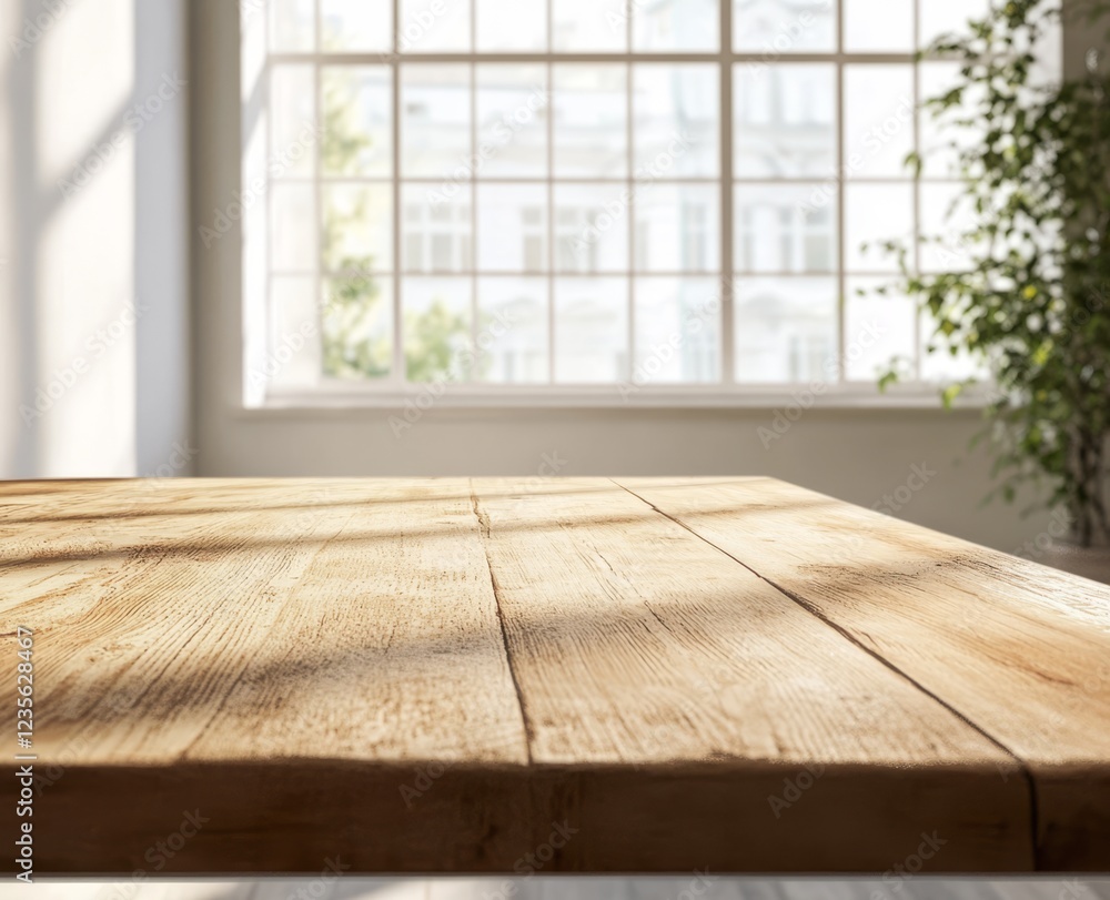 Sunny wooden table near large window with city view. Sunny wooden table near large window with city view.