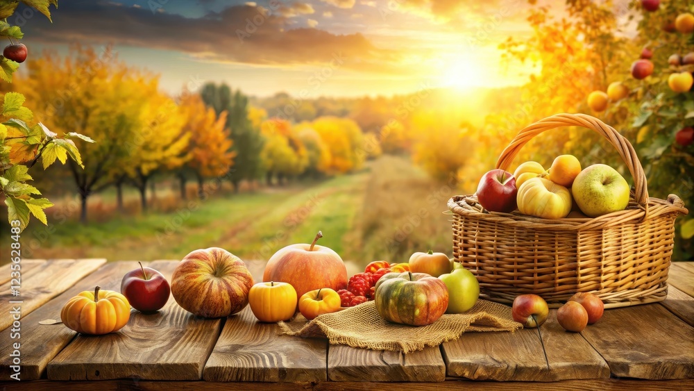 Harvest Celebration on Wooden Table,, field trees, apples Harvest Celebration on Wooden Table,, field trees, apples