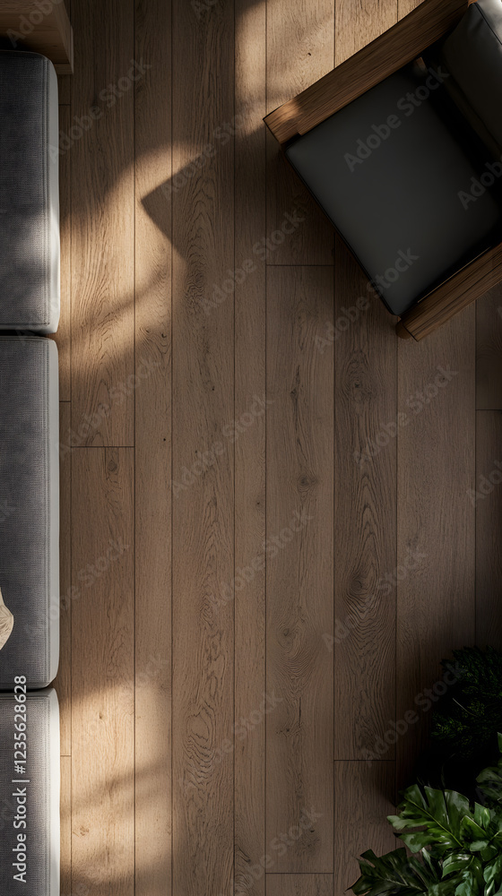 High-Angle View of Wood Flooring, Sofa Section, Chair, and Plant High-Angle View of Wood Flooring, Sofa Section, Chair, and Plant