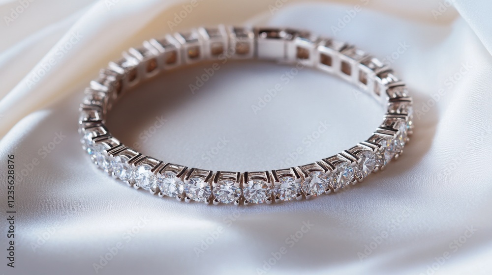 A delicate diamond tennis bracelet set against a pristine white satin backdrop. A delicate diamond tennis bracelet set against a pristine white satin backdrop.