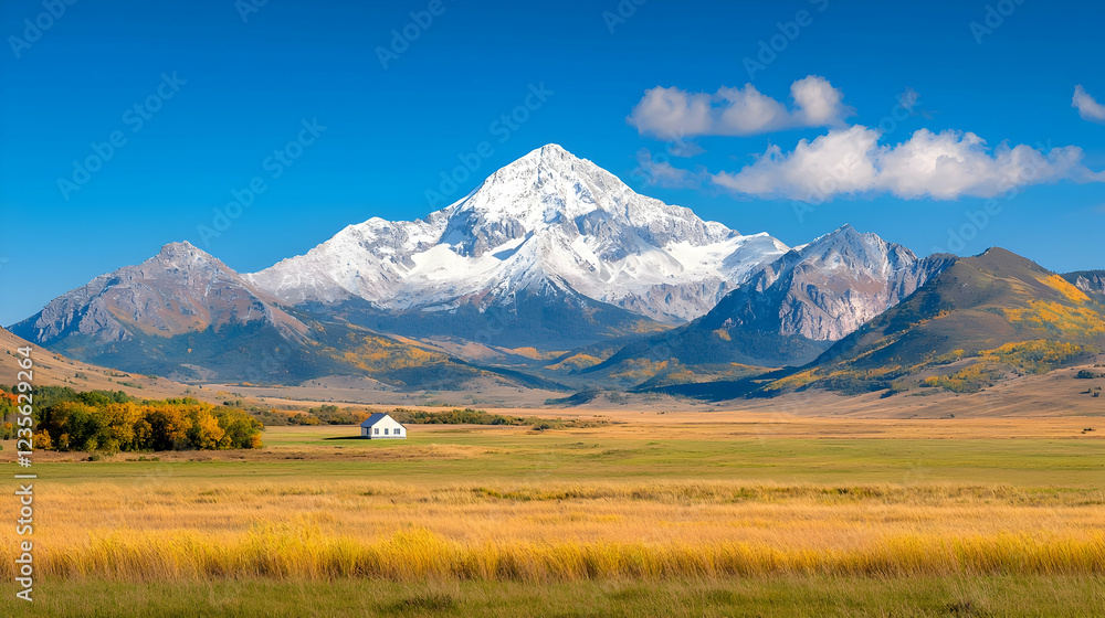 Fototapeta premium Snow-capped mountain peak rises above a golden autumn valley with a small white barn under a clear blue sky.