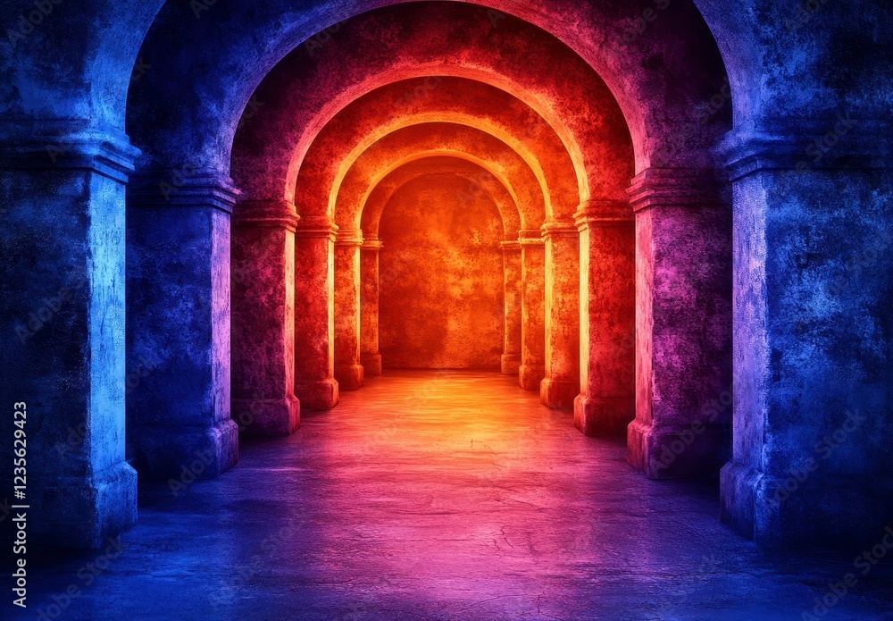 Naklejka premium A dimly lit stone corridor with arched entryways glows with vibrant red and blue hues, creating a mystical and atmospheric scene