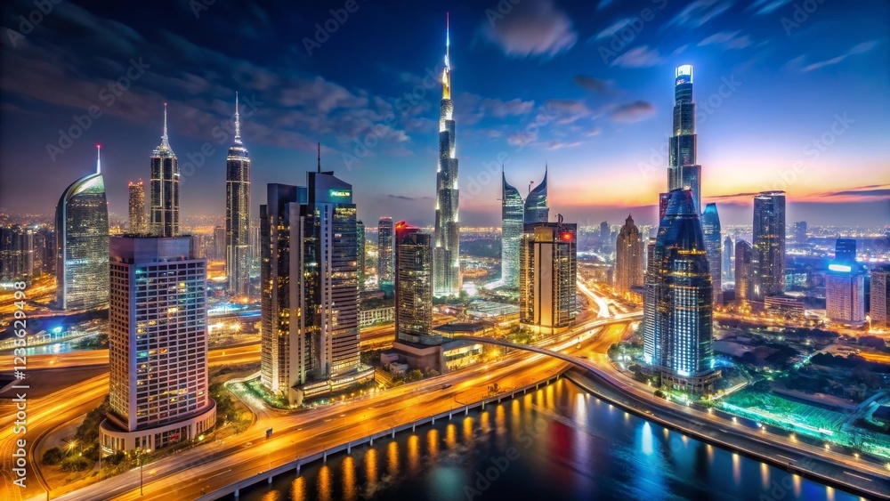 Obraz premium Nighttime Metropolis A Panoramic View of Illuminated Skyscrapers and Cityscape at Dusk