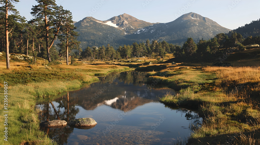 Obraz premium Scenic mountain peaks reflecting in a calm river flowing through a green pine forest meadow during a sunny day.