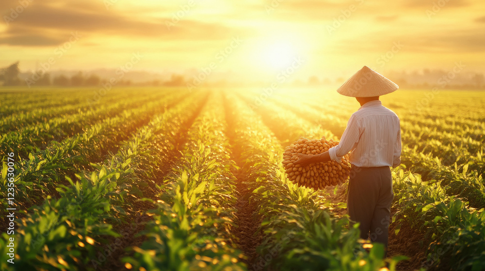 Fototapeta premium smiling farmer holding rows of peanut plants