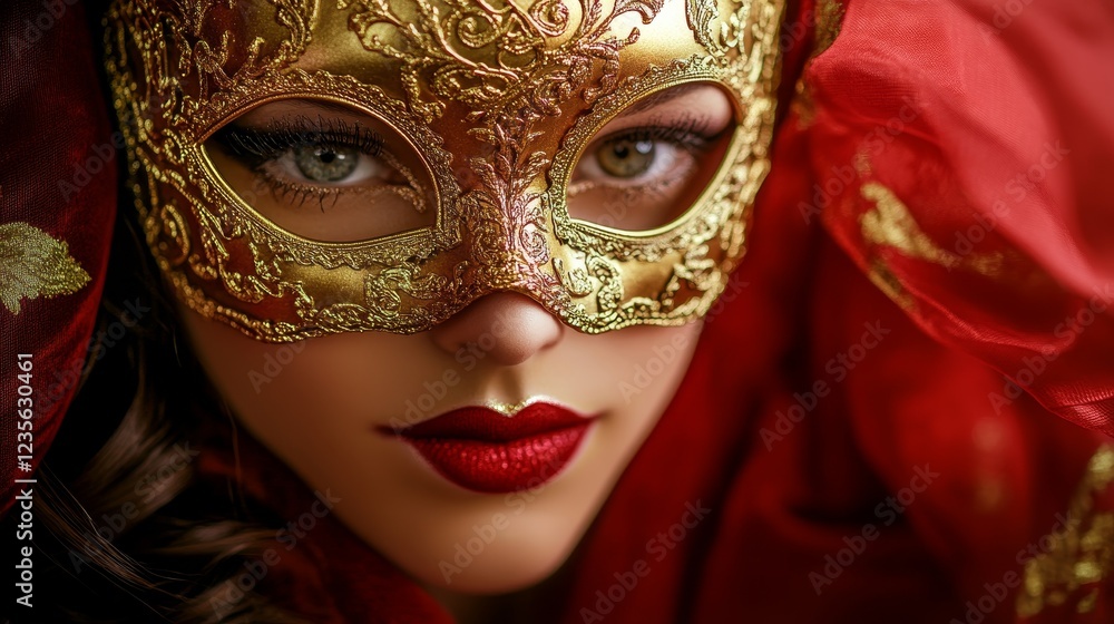 Mysterious Woman in Ornate Mask with Dramatic Close Up View Mysterious Woman in Ornate Mask with Dramatic Close Up View