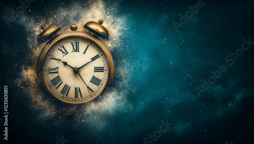 Wallpaper Mural Vintage Alarm Clock on a Rustic Surface with a Cosmic Galaxy Background Representing Time and Space Torontodigital.ca