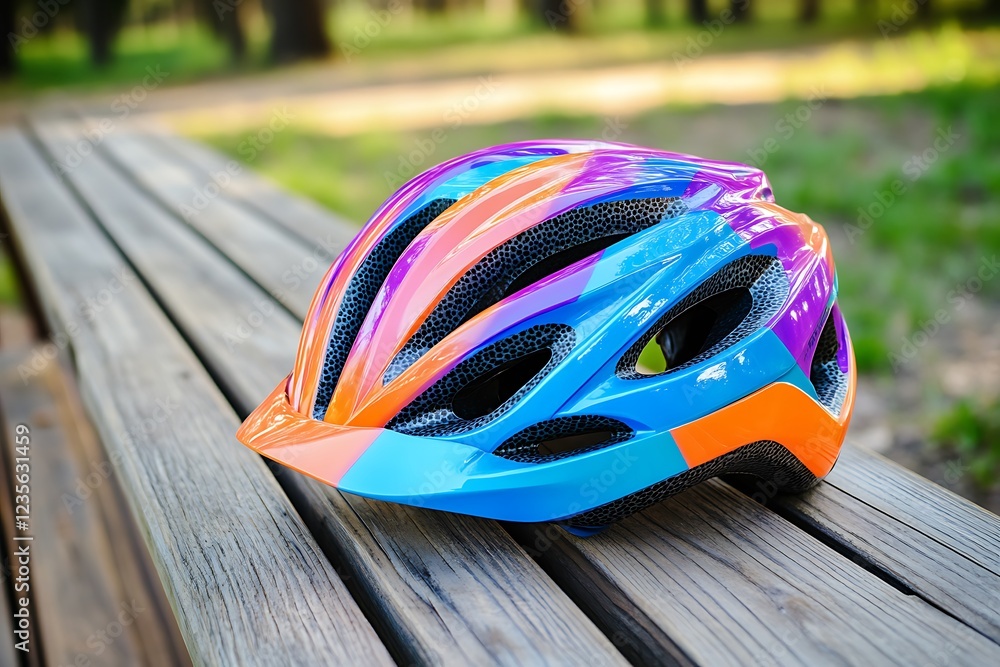 Fototapeta premium Colorful Bicycle Helmet on Wooden Bench