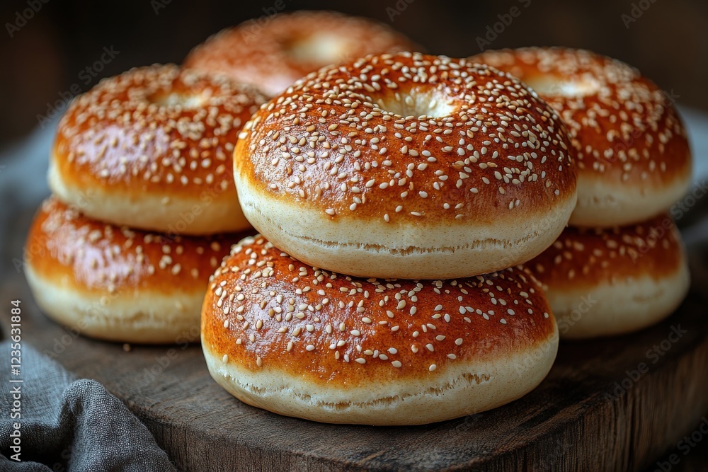Golden-Brown Sesame Bagels Stacked on Rustic Wooden Board for Cozy Kitchen Vibe Golden-Brown Sesame Bagels Stacked on Rustic Wooden Board for Cozy Kitchen Vibe