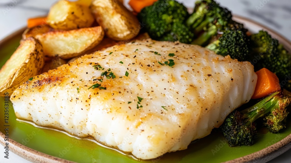 Oven baked cod fish fillet with herbs and spices, served with roasted vegetable and potato wedges. Oven baked cod fish fillet with herbs and spices, served with roasted vegetable and potato wedges.