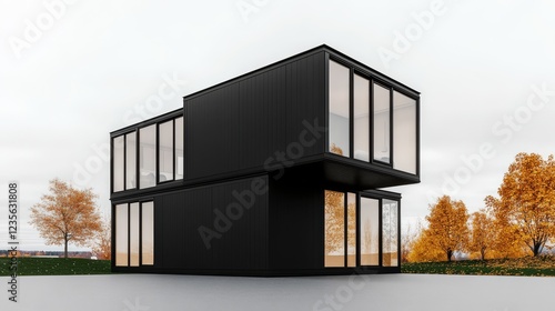 modern two story modular prefab house with pojavda wall and space for text. photo