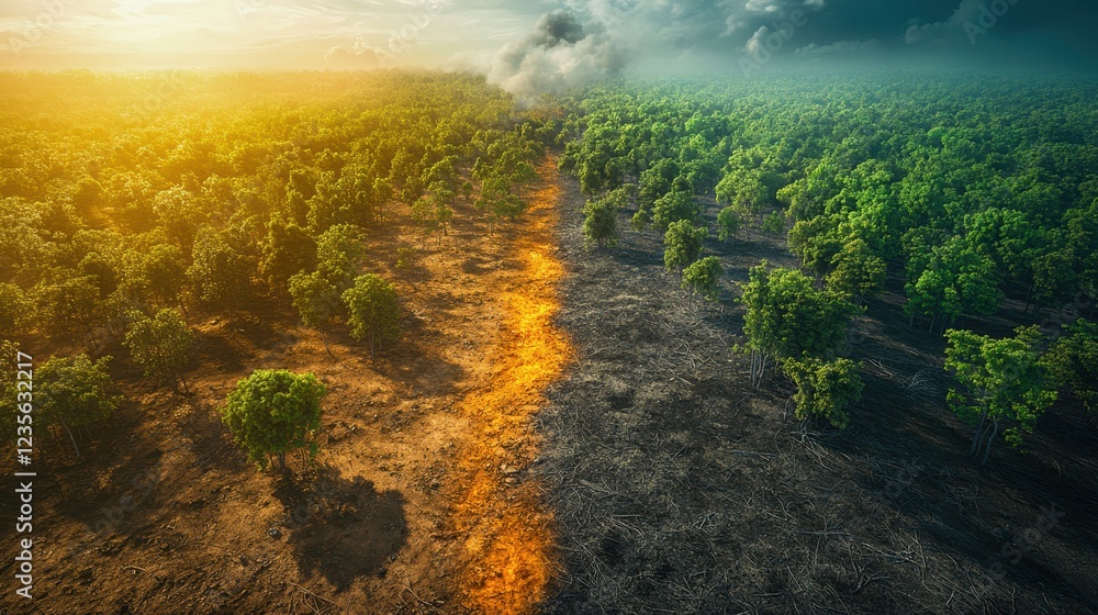 Aerial view of a contrasting landscape showing lush green trees on one side and a burnt, barren area on the other, illuminated by a setting sun. Aerial view of a contrasting landscape showing lush green trees on one side and a burnt, barren area on the other, illuminated by a setting sun.