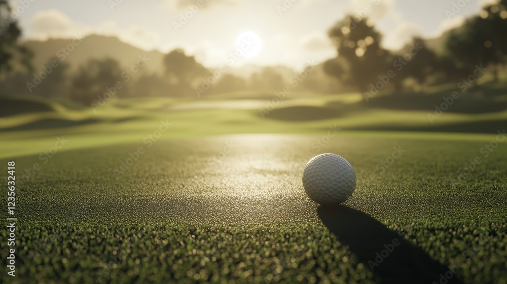 Morning Sun Over Golf Course With Ball on Green Grass Surface Morning Sun Over Golf Course With Ball on Green Grass Surface
