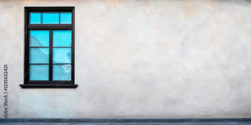Fototapeta premium Window with blue glass on plain wall in bright daylight