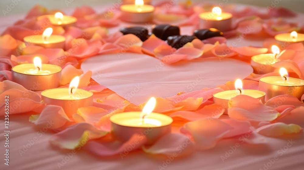 A pink table runner with candles, chocolates, and rose petals, all arranged in a romantic, heart-shaped design. A pink table runner with candles, chocolates, and rose petals, all arranged in a romantic, heart-shaped design.