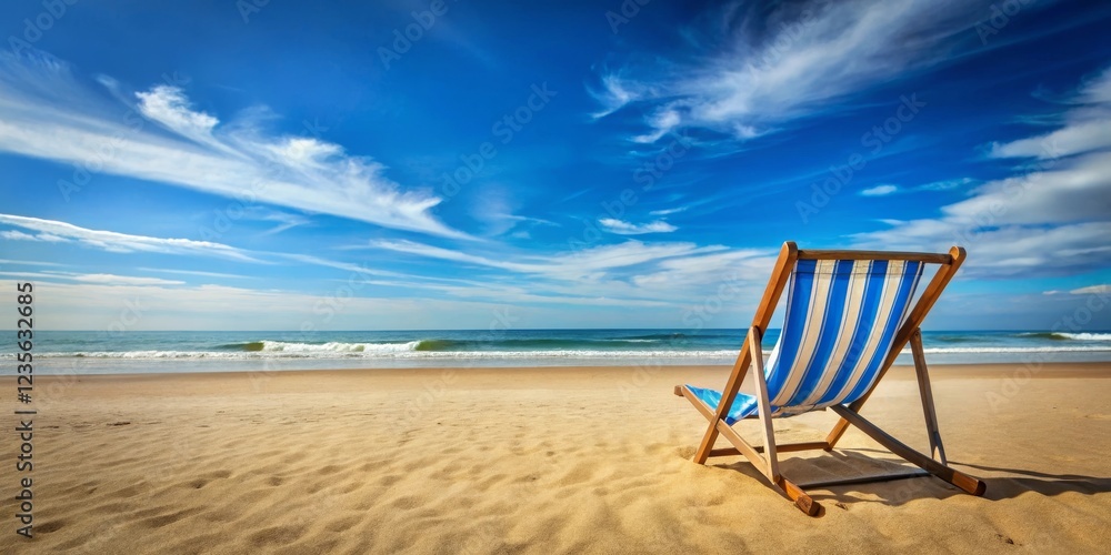 Serene Beach Scene A Wooden Deck Chair Awaits on Sandy Shore Under a Vivid Blue Sky with Wispy Clouds Serene Beach Scene A Wooden Deck Chair Awaits on Sandy Shore Under a Vivid Blue Sky with Wispy Clouds