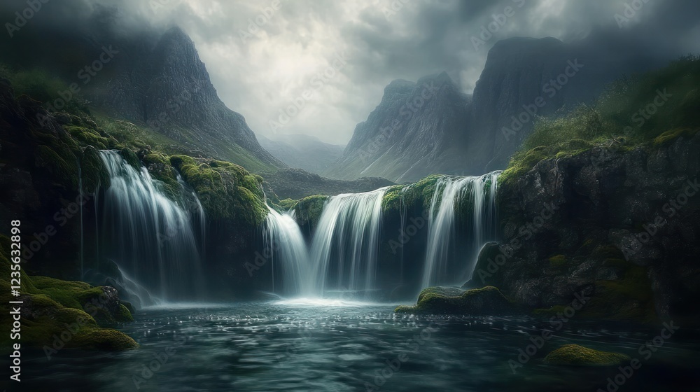 Fototapeta premium Serene waterfall cascading down mossy rocks in a misty mountain valley; nature background for travel/relaxation