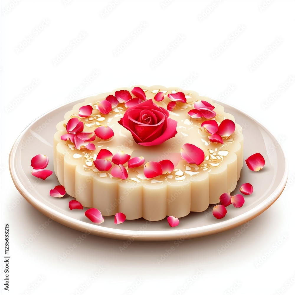 Elegant dessert with rose and petal decoration on a white plate, showcasing intricate details and a delicate presentation Elegant dessert with rose and petal decoration on a white plate, showcasing intricate details and a delicate presentation